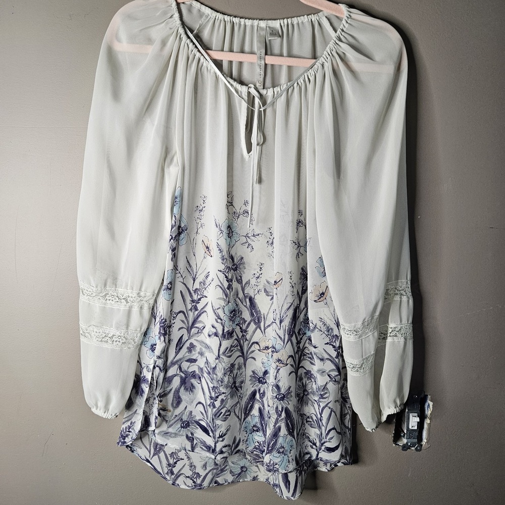 LC Lauren Conrad Women White Blue Purple Floral V-Neck Tie Lace Tunic Blouse S